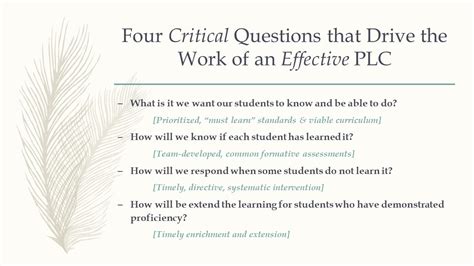 Six Characteristics of PLCs at Work Collectively pursue a shared mission, vision, values, and goals. . Plc 4 questions pdf